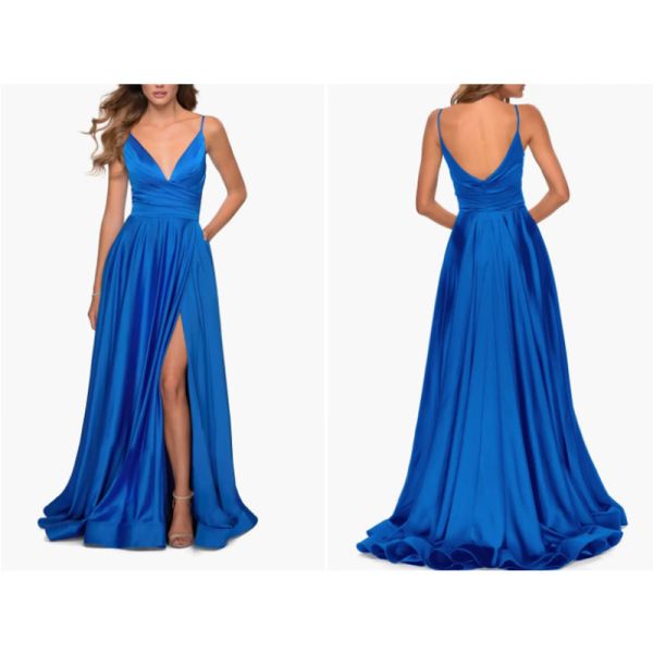 Excellent Sleeveless Royal Blue Satin Long Evening Dress Front Split Slit Spaghetti Straps Sweep Train A-Line Ruffles