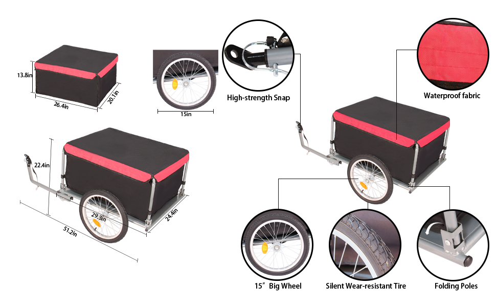 Bike Trailer Cargo Foldable Max Load, 2x16'' Inflatable Wheels, Aluminum Bicycle Cargo Trailer w/Hitch, for Lugg