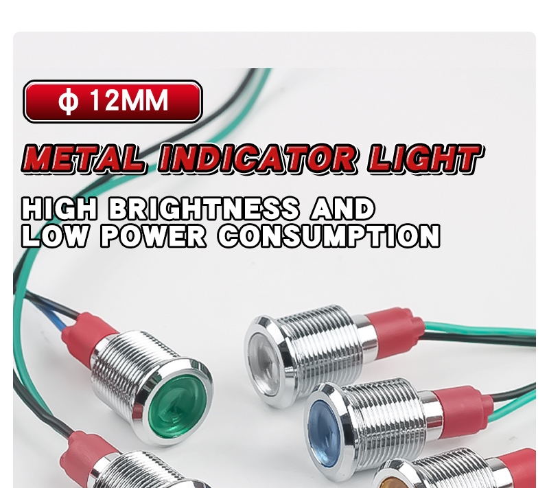 12MM Metal LED Warning indicator light Signal Lamp Pilot Wires switch 6/12/24/220V Red Green Blue White Yellow