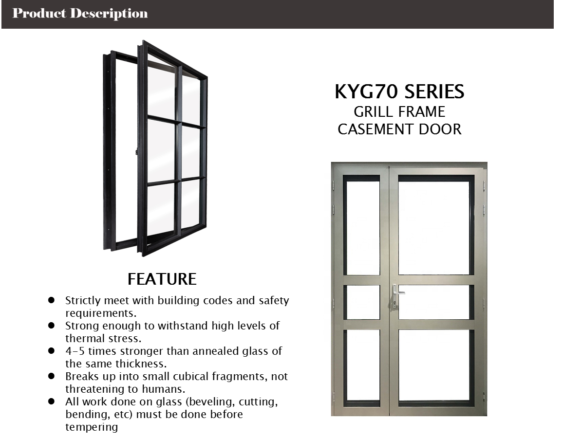 Aluminium Casement Doors Double Hollow Glass Grill With Retro Gold Handle