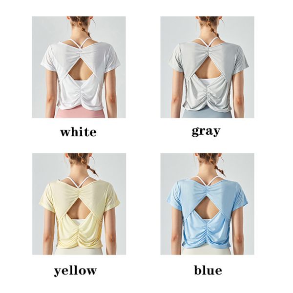 Pleated Nylon Sports Short Sleeve Ladies Yoga Tops Running Fitness T - Shirt