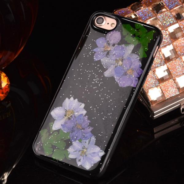 Soft TPU Black Colorful Real Flowers Specimen Cell Phone Case Back Cover for iPhone7 7 plus 6s plus