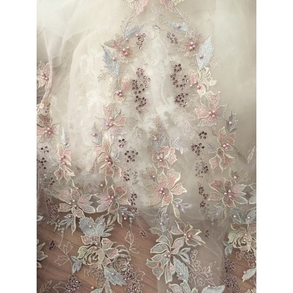 Ткань шнурка вышивки жемчуга 36 дюймов вышитая бисером двором для мантии свадьбы высоких мод