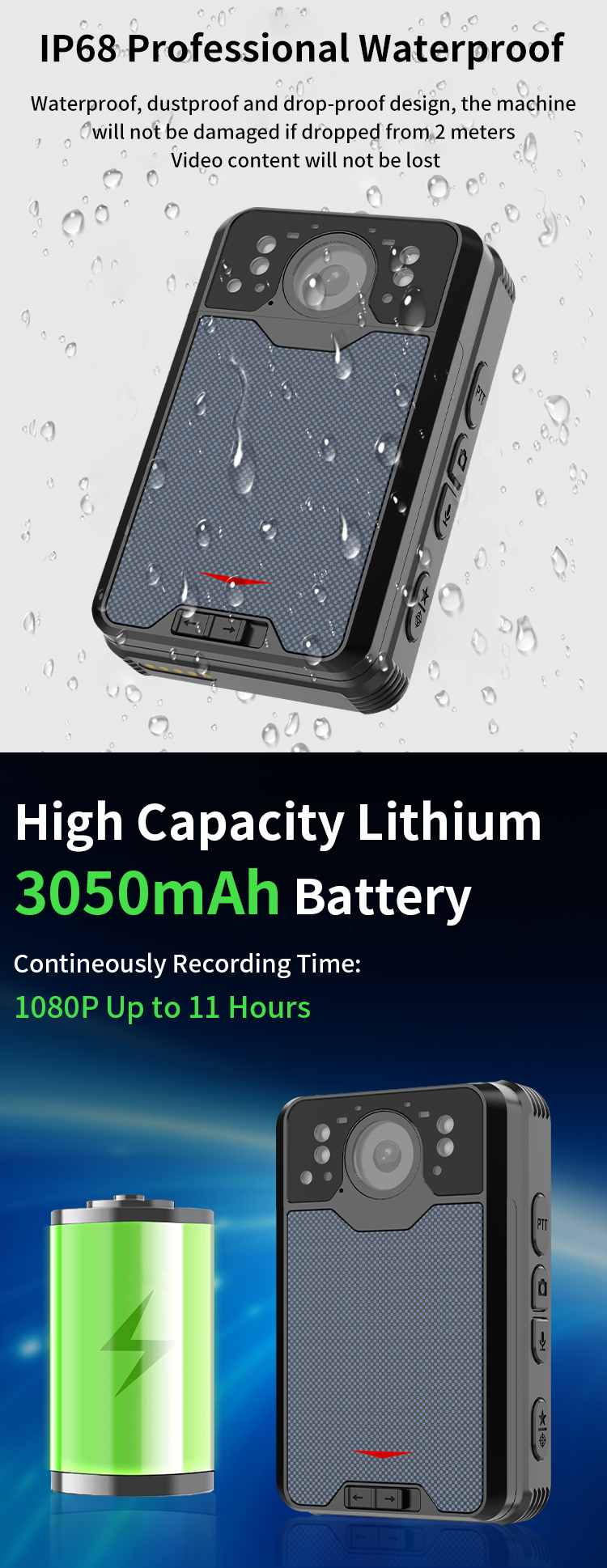 Wearable 4G Body Worn Camera HD 2K Video 2.8'' Touch Screen IP68 Waterproof Security Camera with Wifi Connection GPS BT