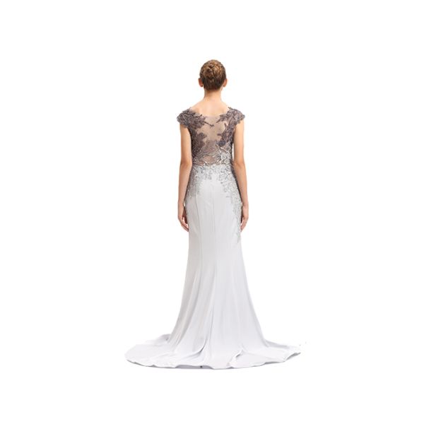 Deep V Neck Sexy Ladies Backless Evening Dresses Cap Sleeve Sweep Train