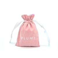 Soft Pink velvet drawstring bag with satin lining and customized white logo for lipstick packing