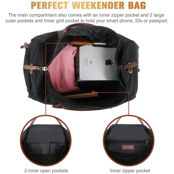 21x5.1x12 pulgadas bolso de viaje, de noche negro duradero bolso de fin de semana perfecto