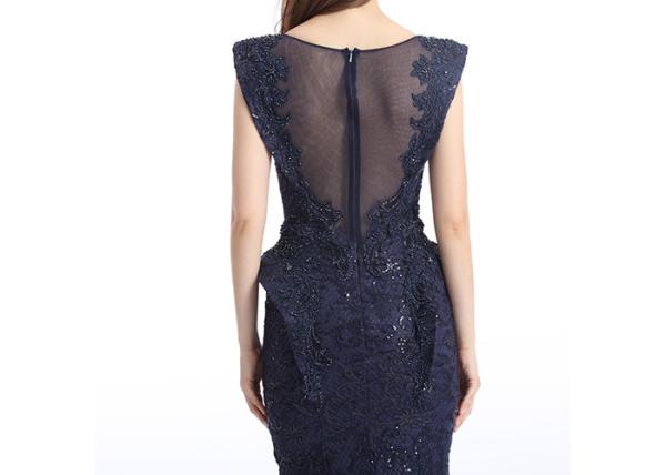 Navy Blue Beaded Mermaid Middle Eastern Evening Dresses Sleeveless For Woman