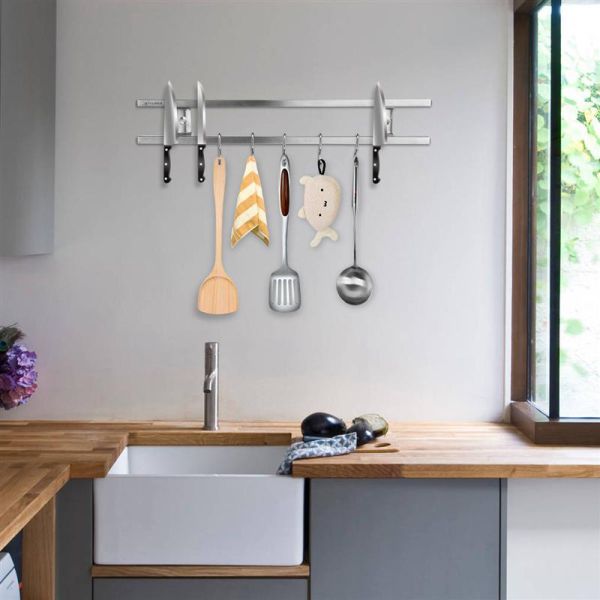 18 дюймов квадратные трубы из нержавеющей стали магнитный нож с 6 крюками для кухонной утвари держатель инструмента организатор