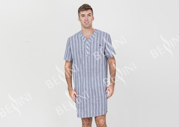 Stripeed Design Mens Short Sleeve Nightshirts Button Placket Embroidery Curved Hem
