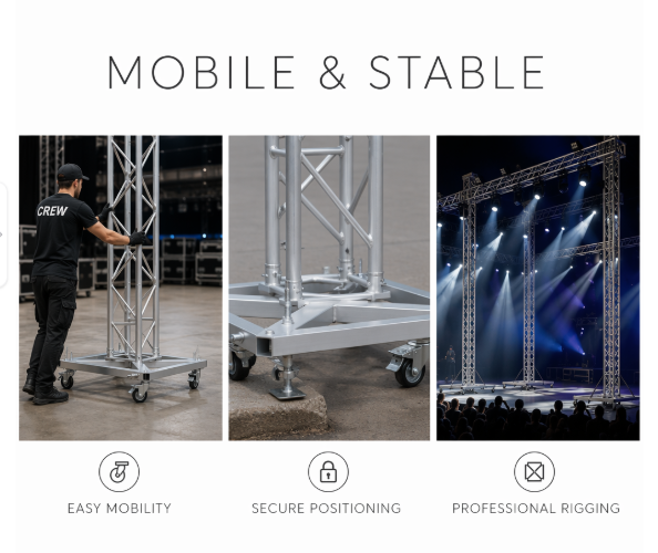 6082-T6 Aluminum Truss Mobile Base Frame with X-Brace Welded Design and 8-Spigot Connection for Stage Concert Rigging