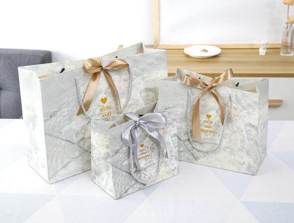 Marble Pattern Cardboard Gift Bags Thicken Paper Card Ribbon Hand Shopping Bag Reusable