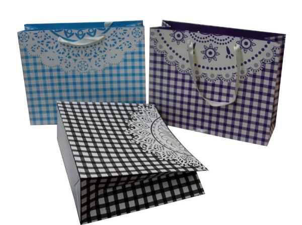 Square Customized Paper Promotional Carrier Bag 230gsm  matte coated ribbon Handle