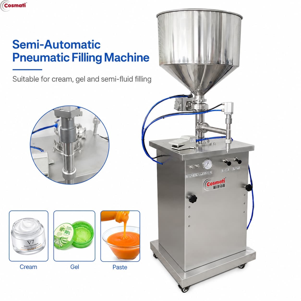 Semi Automatic Pneumatic Piston Filling Machine High Viscosity Cream Paste 10-1000mL