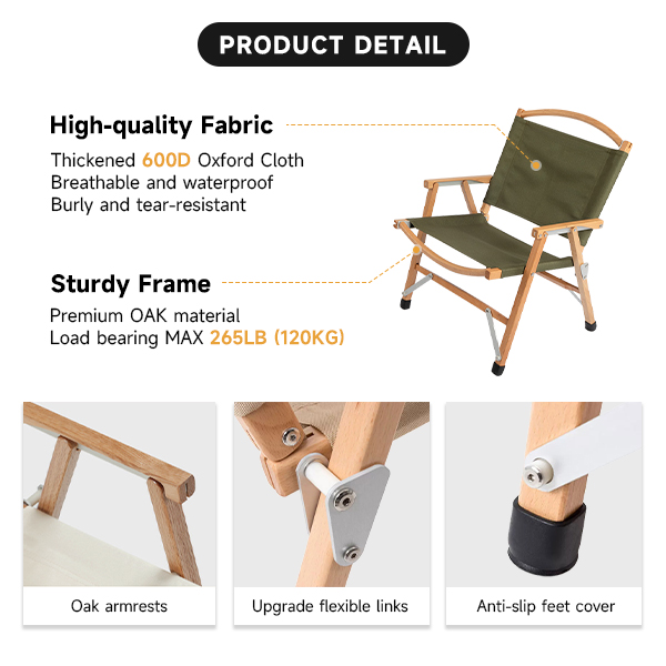 Custom Logo Oak Wood Portable Camping Chair Fold Out Large
