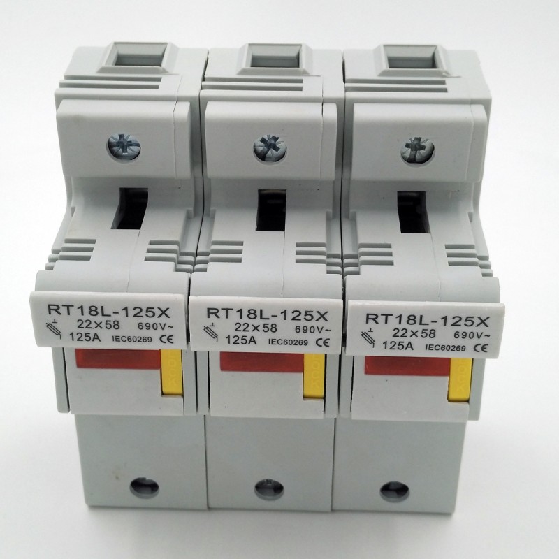 High Thermal Breaking Capacity 690V 3P Cylindrical Fuse Base 125A RT18-125X Low Voltage Thermal Fuse Holder 22*58 Fuse Link