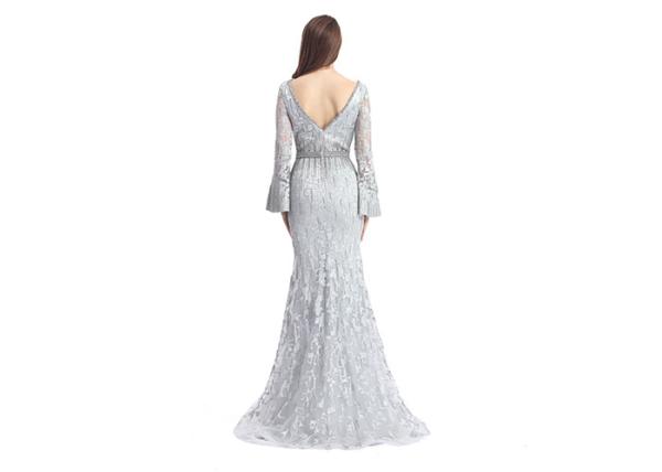 Mandarin Sleeve V Neck Sexy Long Sleeve Lace Formal Dress Floor Length