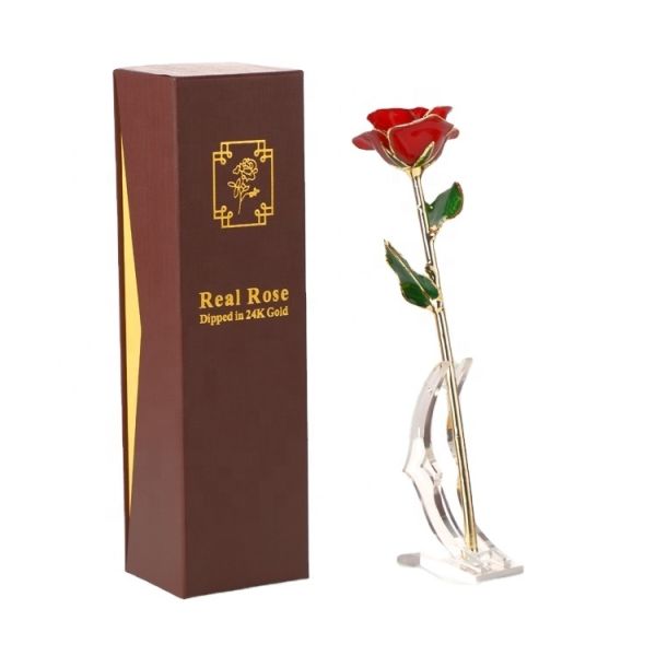 Manufacture Supply 24K Gold Plated Real Preserved Fresh Rose Gold Rose in Wood Christmas Valentine