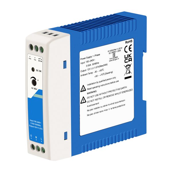 12V Din Power Supply Plastic 1.67A 20W AC/DC Input CE UL Listed Industrial Grade