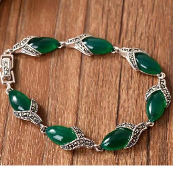 925 Silver Thailand Vintage  Green Agate Women Bracelet (LB001)