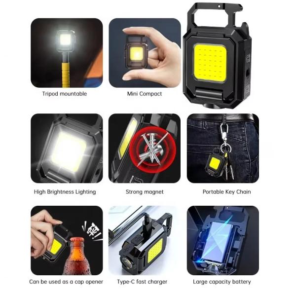 Multifunctional Three-headed Keychain Lamp Portable Cob Mini Camping Lamp Type-c Working Lamp Outdoor Flashlight