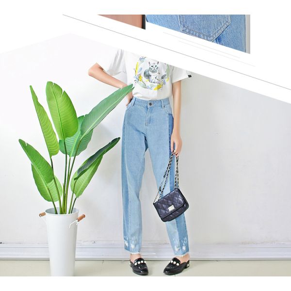 Women Light Blue Long Wide Leg Denim Pants , Casual Loose Fit Denim Jeans