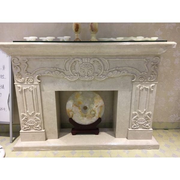 Customized Size Beige Marble Fireplace Surround With Polished / Drawing Surface