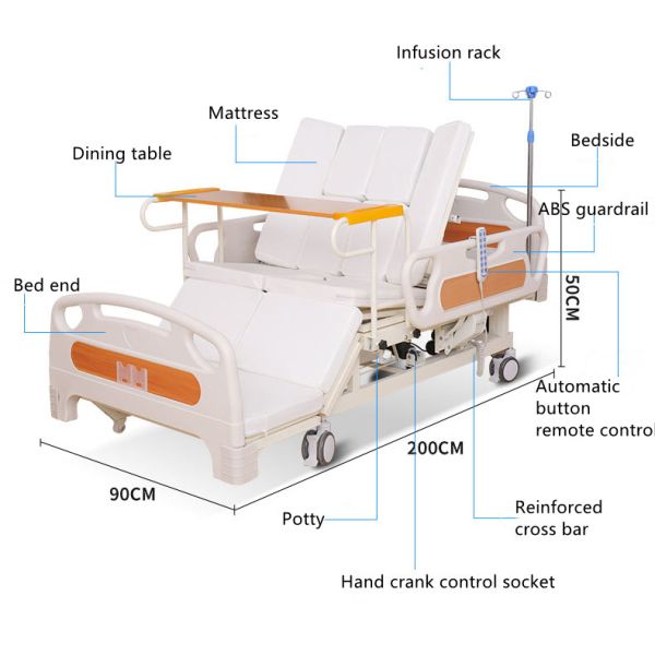 Length 2000mm Hospital Nursing Bed Remote Control Icu Hospital Bed