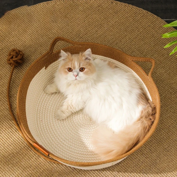 Handmade All-Season Cat Bed Solid Pattern Rattan Woven Pet Nest Winter Warm Removable Washable Pad Scratch Board Small Animals