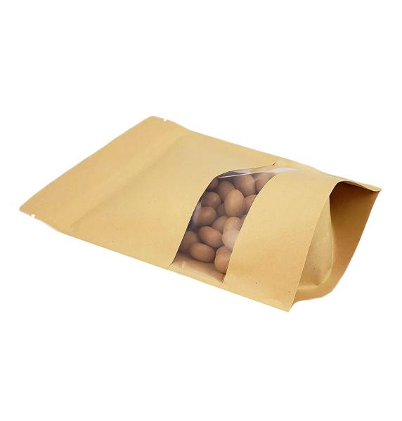 Kraft PLA Bio Degradable Stand Up Pouch Bags With Clear Window And Ziplock For Dry Fruits Snack Grains