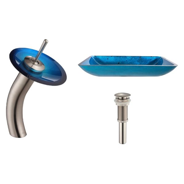 Irruption Light Blue Vintage Undermount Trough Bathroom Sink Glass Vessel With PU Chrome