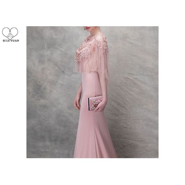 Unique Tulle Pink Mermaid Style Prom Dress Beading Bat Wing Sleeve Stretch Fabric