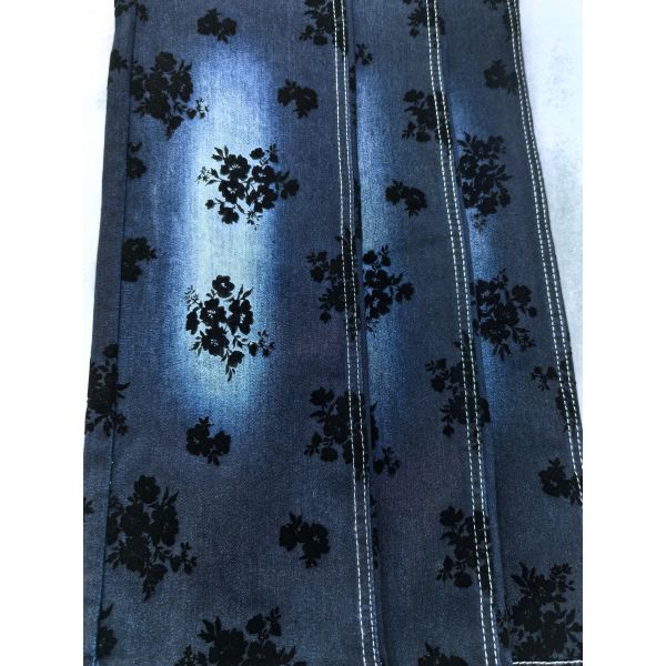 Black Rose Flocked Denim Fabric Twill Style Stretch For Lady Jeans Or Jacket