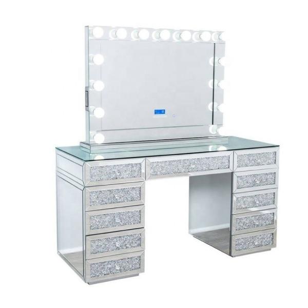Modern Design Oak Makeup Table With Lighted Mirrored Dresser Vanity Desk And Storage