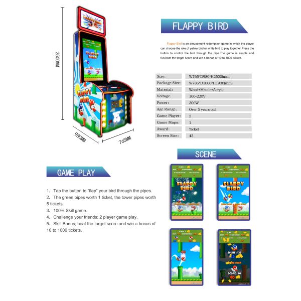 1 Player Flappy Bird Ticket Redemption Lottery Machine Press The Button Win Tickets
