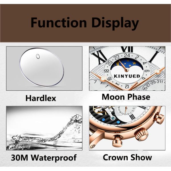 KINYUED Factory Customized Clock Movement Moon Phase Leather Strap Watch Mens Automatic Watch