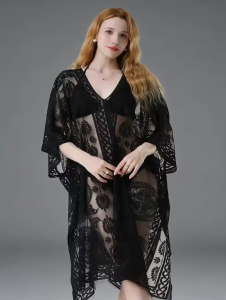 Breathable Lace Cardigan with Hollow-Out Detailing - Plus-Size Friendly Openwork Shawl