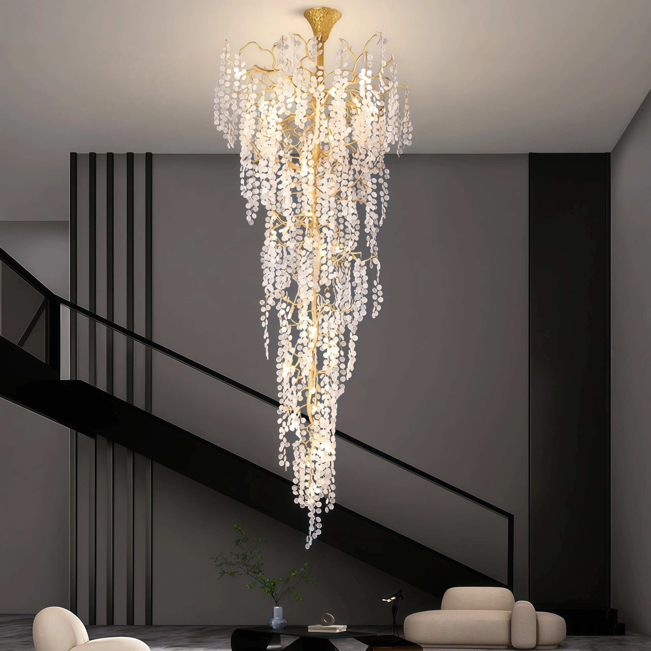 JYLIGHTING Art Tree‑Branch Cascade Crystal Glass Chandelier, Vertical Long Suspension Light for High‑ceiling Duplex, Hotel and Commercial Interior Decoration