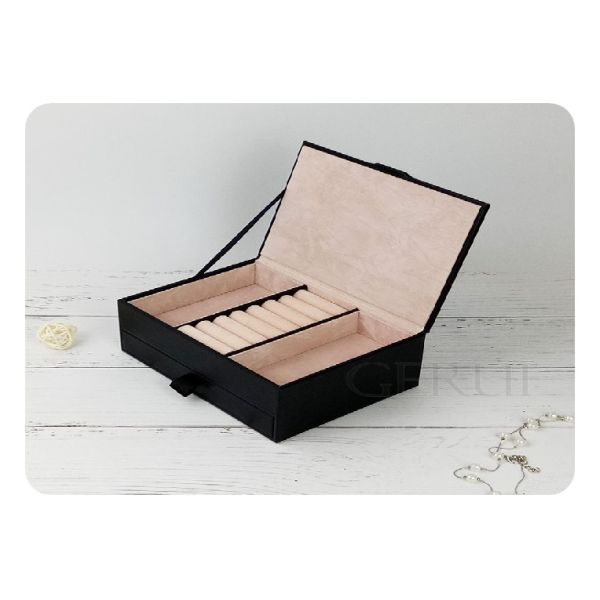 SGS Leather Ring Jewelry Packaging Boxes Drawe Black Color 19.1*14.2*7.3cm