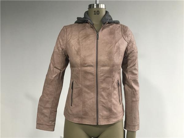 Ladies' Zip Through Grey Melange Detachable Hooded Rose Pink Pleather Biker Jacket Tw77188
