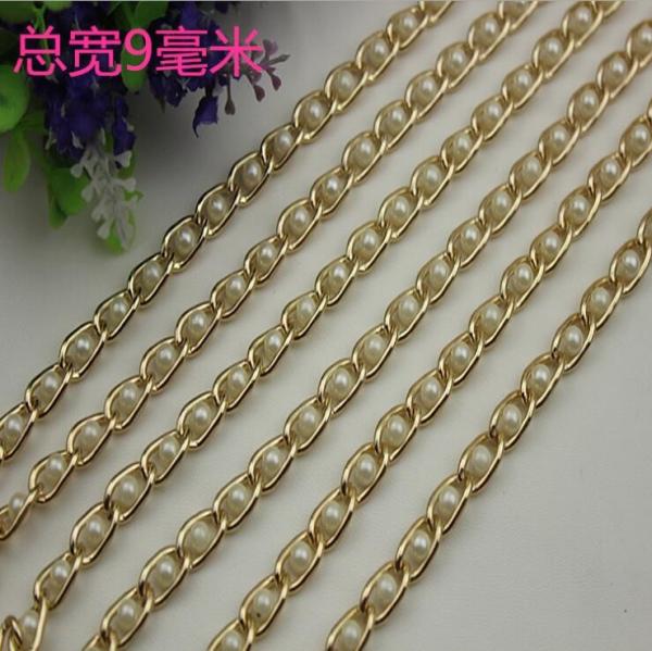 Delicate design top quality white pearl decorative light gold 9 mm metal long chain bag
