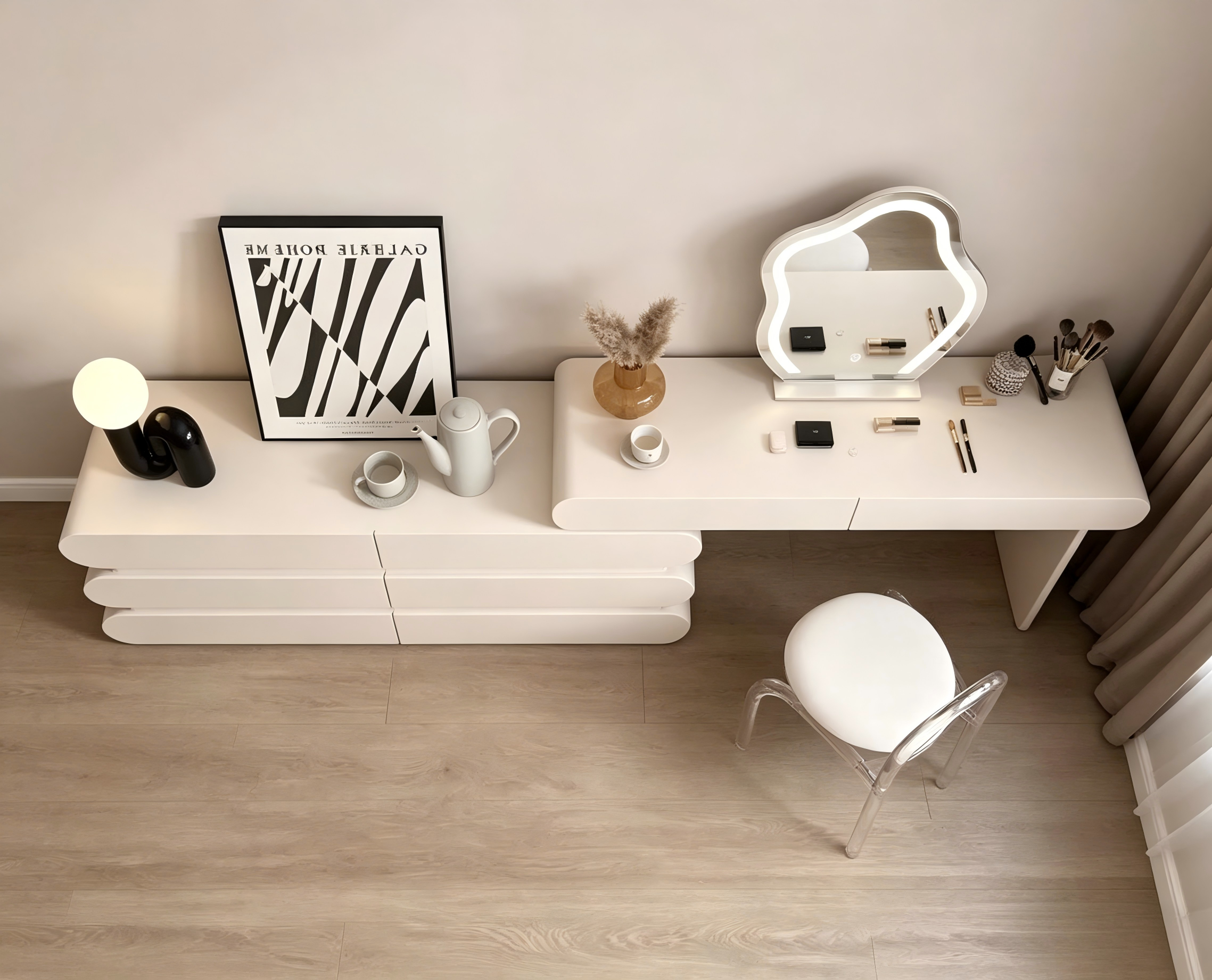 Cream Modern Extendable Makeup Vanity Desk Combo with LED Cloud Mirror
