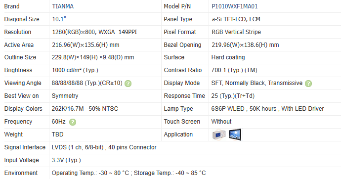 10.1Inch LCD High Brightness Tft Display 1280×800 WXGA 500Nits  P1010WXF1MB10