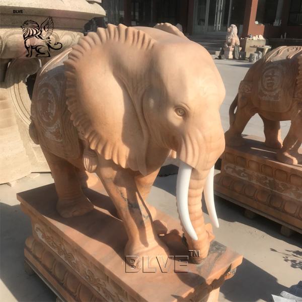 BLVE Natural Stone Marble Life Size Elephant Statue Sunset Red Chinese Fengshui Animal Sculpture Garden Decoration