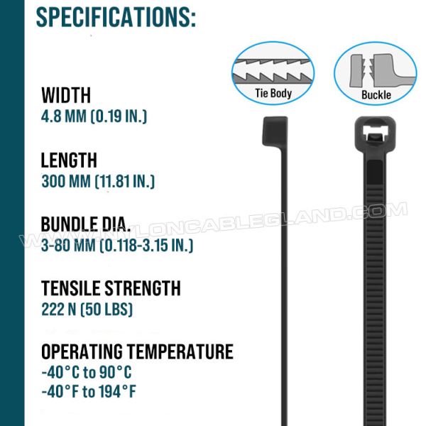 Nylon (PA) 12 UV-Resistant Cable Zip Tie 300mm x 4.8 (Ø 3-80mm), Excellent Salt & Chemical Resistance, for Solar Photovoltaic Industry