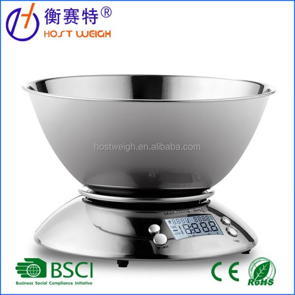 2*AAA Batería Plata 5000g Balanza de alimentos de cocina digital multifuncional con tazón Balanza de plataforma LCD de acero inoxidable portátil