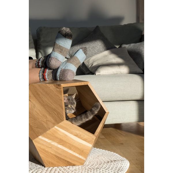 Household Storage Container Cat Bed Cave in Modern Design with Solid Wood and Side Table