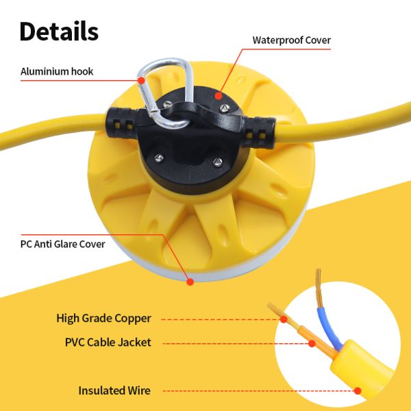 AC Power Supply 50FT Total Length 5 Bulbs 45W 6300Lm Linkable Portable Outdoor IP65 LED Site Construction String Light