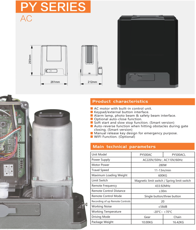 China Drive Motor AC 220V 110V 600KG Sliding Gate Opener Door Operator PY500ACL