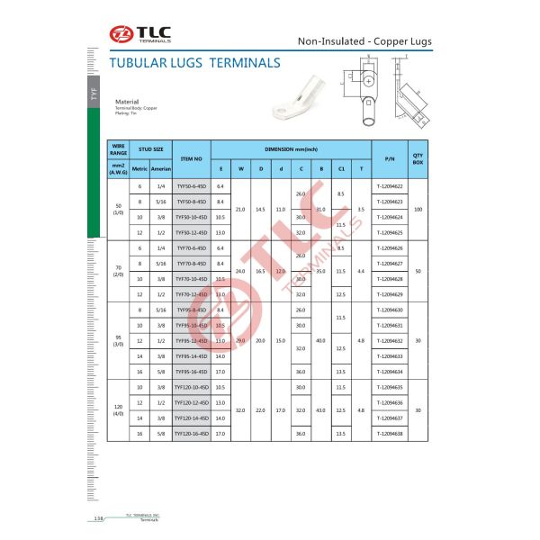 50-120mm2 45D Silver Tin Plated Ring Terminal Lug For Electrical Connection Copper Cable Lug